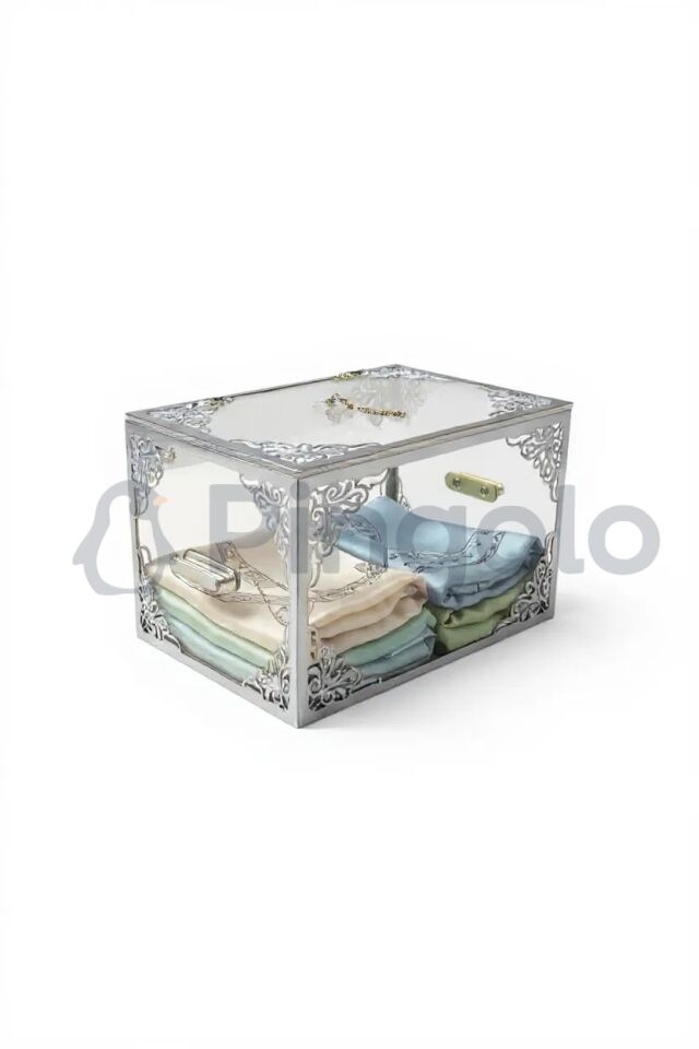 Şeffaf Gümüş İşlemeli Küçük Boy Pleksi Bohça Kutusu