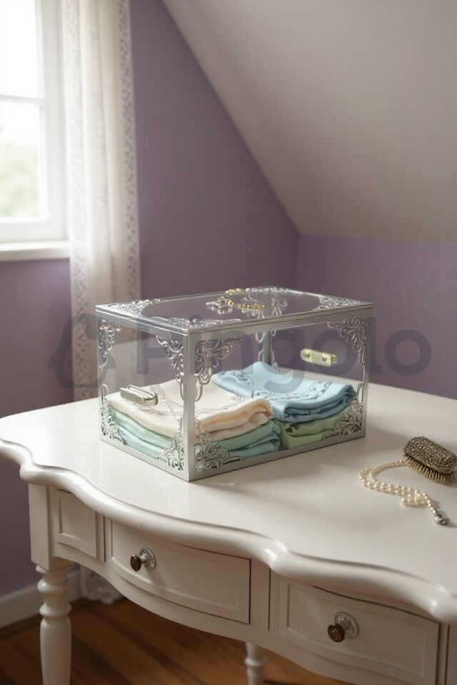 Şeffaf Kutu Gümüş İşlemeli Küçük Boy Pleksi Bohça Kutusu