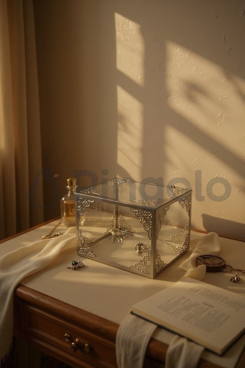 Şeffaf Gümüş İşlemeli Küçük Boy Pleksi Bohça Kutusu