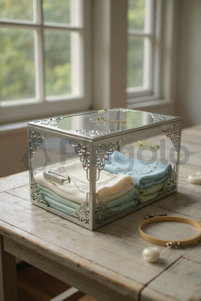 Şeffaf Kutu Gümüş İşlemeli Küçük Boy Pleksi Bohça Kutusu