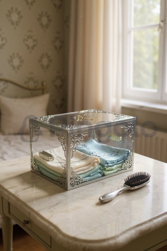 Şeffaf Gümüş İşlemeli Küçük Boy Pleksi Bohça Kutusu