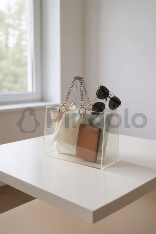 Şeffaf Pleksi Çanta Gümüş Zincir Kulplu