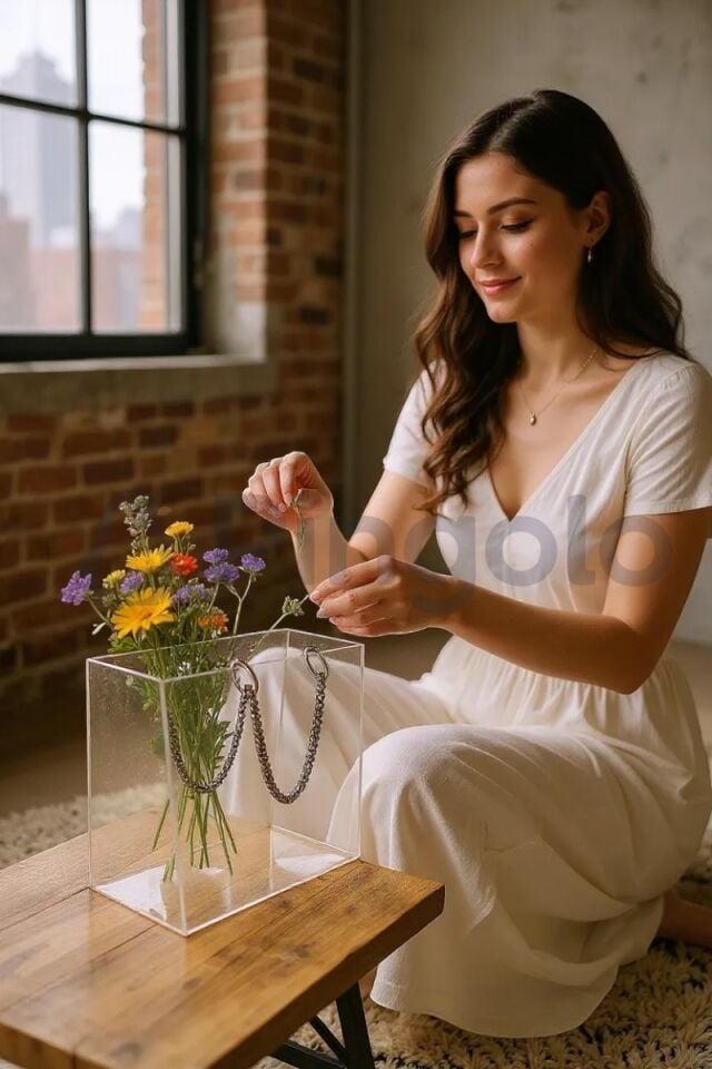 Şeffaf Pleksi Dekoratif Çanta Gümüş Zincir Kulplu