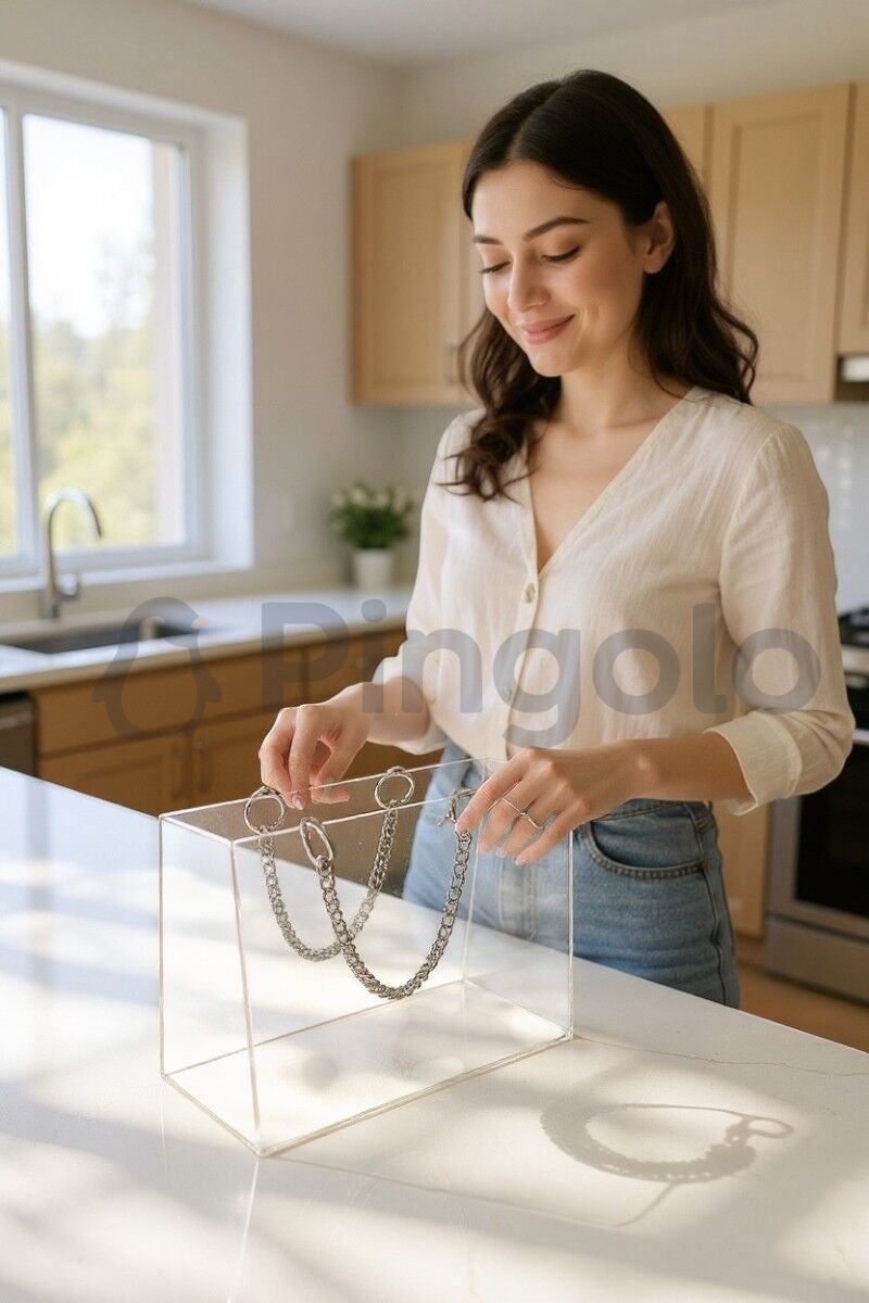 Şeffaf Pleksi Çanta Gümüş Zincir Kulplu