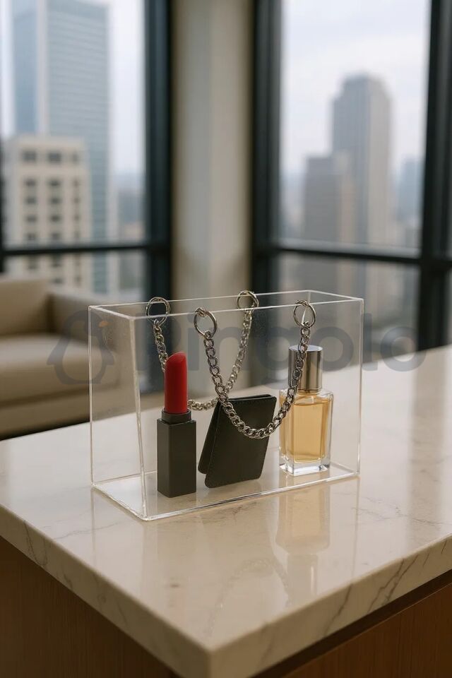 Şeffaf Pleksi Çanta Gümüş Zincir Kulplu