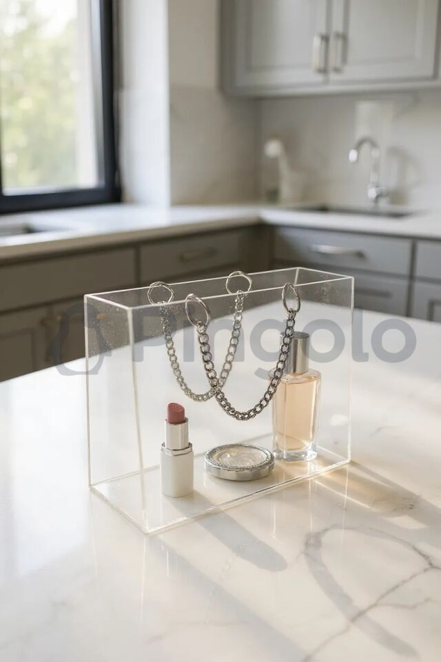 Şeffaf Pleksi Dekoratif Çanta Gümüş Zincir Kulplu