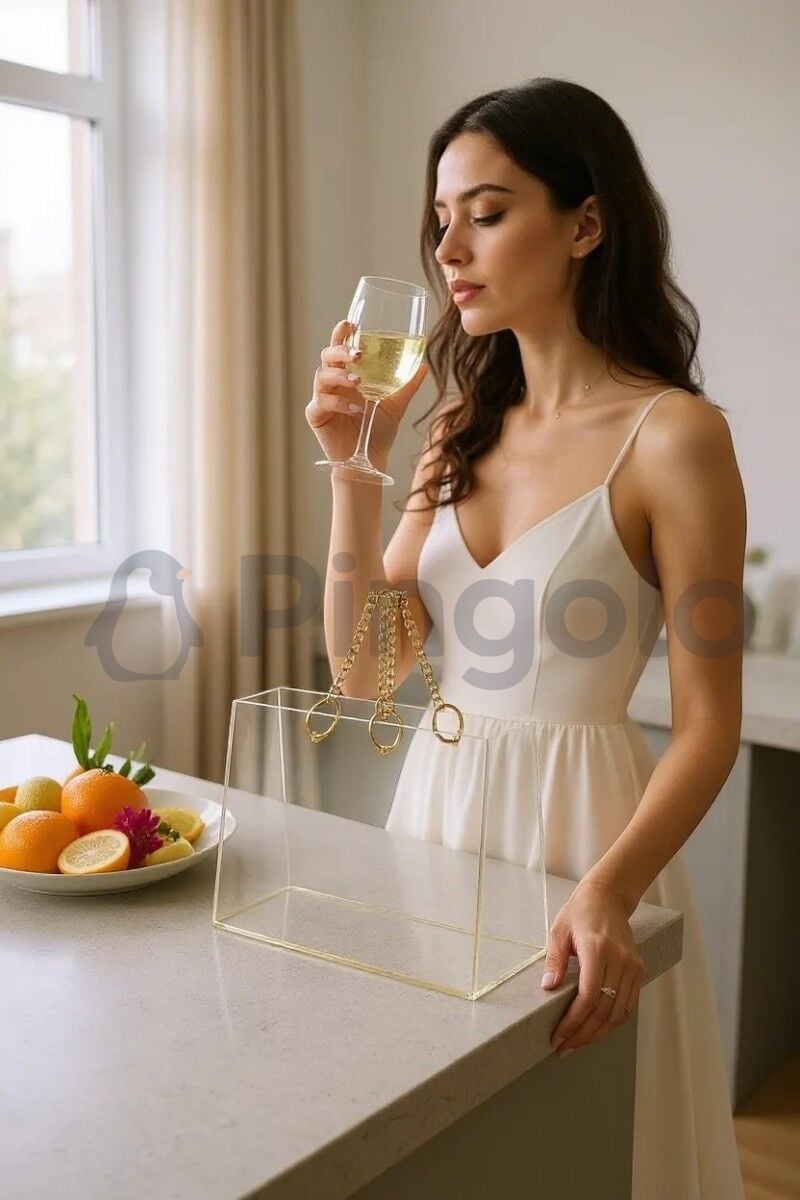 Şeffaf Pleksi Dekoratif Çanta Gold Zincir Kulplu