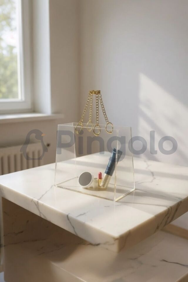 Şeffaf Pleksi Dekoratif Çanta Gold Zincir Kulplu