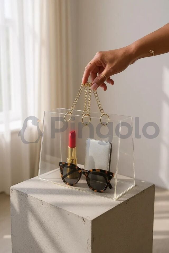 Şeffaf Pleksi Çanta Gold Zincir Kulplu