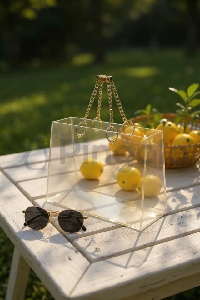 Şeffaf Pleksi Çanta Gold Zincir Kulplu