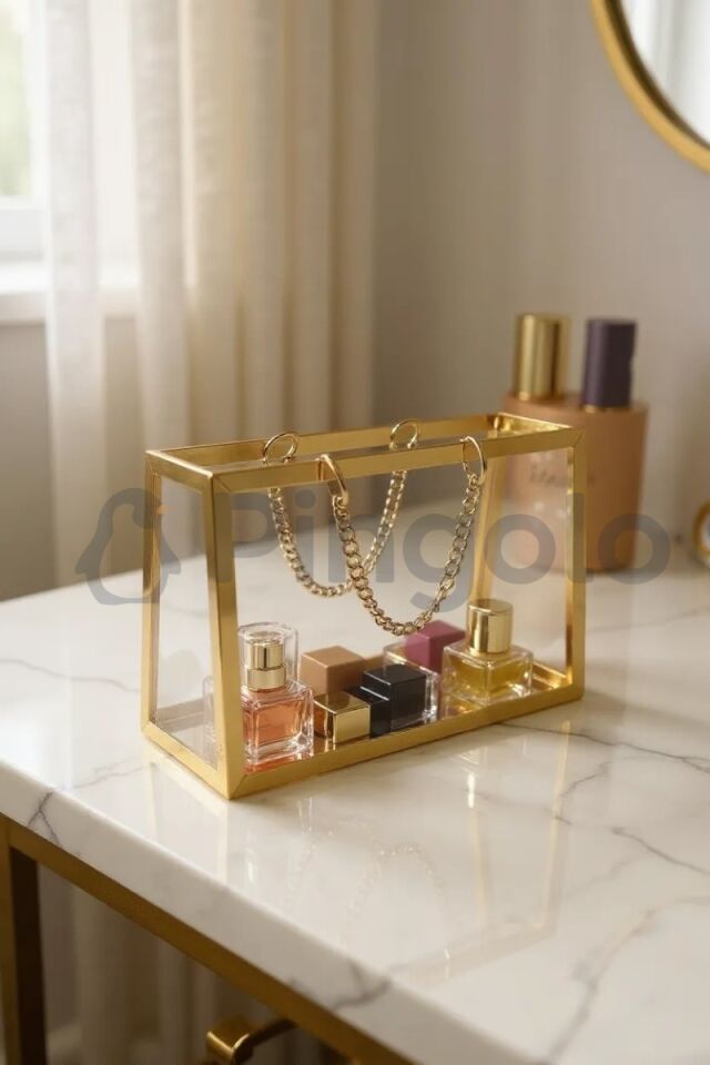 Şeffaf Pleksi Çanta Dekoratif Gold Zincirli Gold Çerçeveli