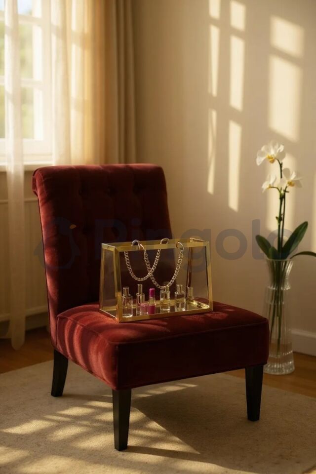 Şeffaf Pleksi Çanta Dekoratif Gold Zincirli Gold Çerçeveli