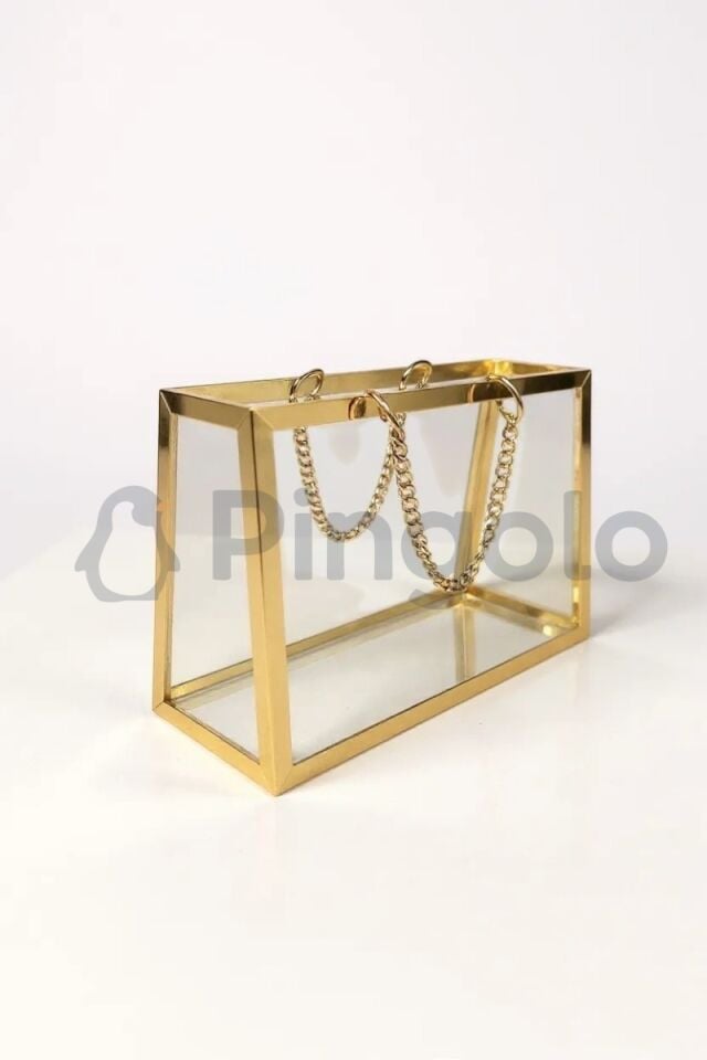 Şeffaf Pleksi Çanta Dekoratif Gold Zincirli Gold Çerçeveli