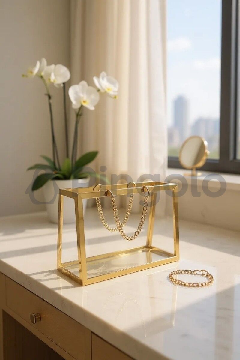 Şeffaf Pleksi Çanta Dekoratif Gold Zincirli Gold Çerçeveli