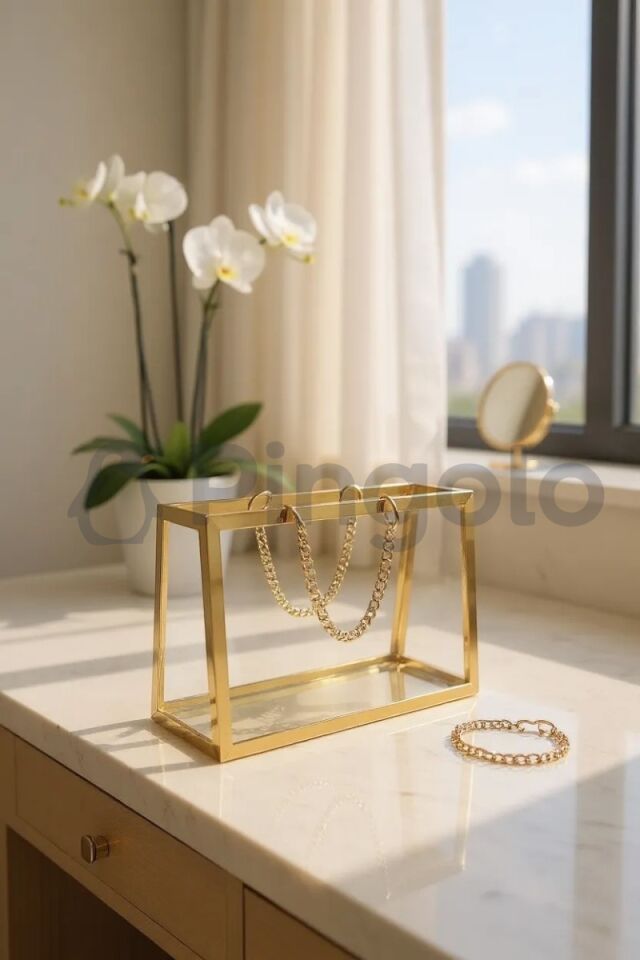 Şeffaf Pleksi Çanta Dekoratif Gold Zincirli Gold Çerçeveli