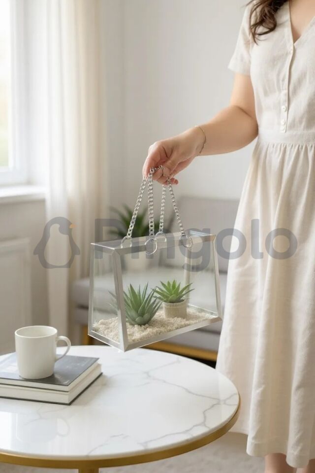 Şeffaf Pleksi Çanta Dekoratif Gümüş Zincirli Gümüş Çerçeveli