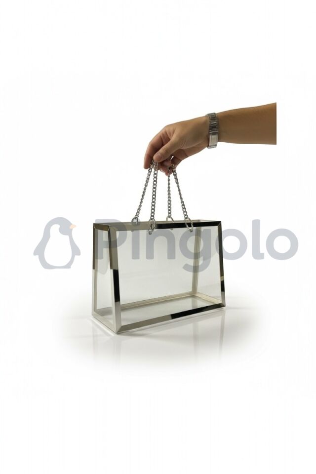 Şeffaf Pleksi Çanta Dekoratif Gümüş Zincirli Gümüş Çerçeveli