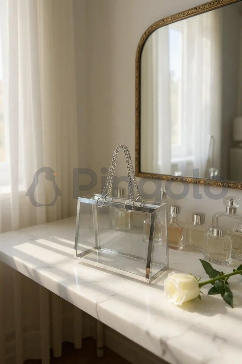 Şeffaf Pleksi Çanta Dekoratif Gümüş Zincirli Gümüş Çerçeveli