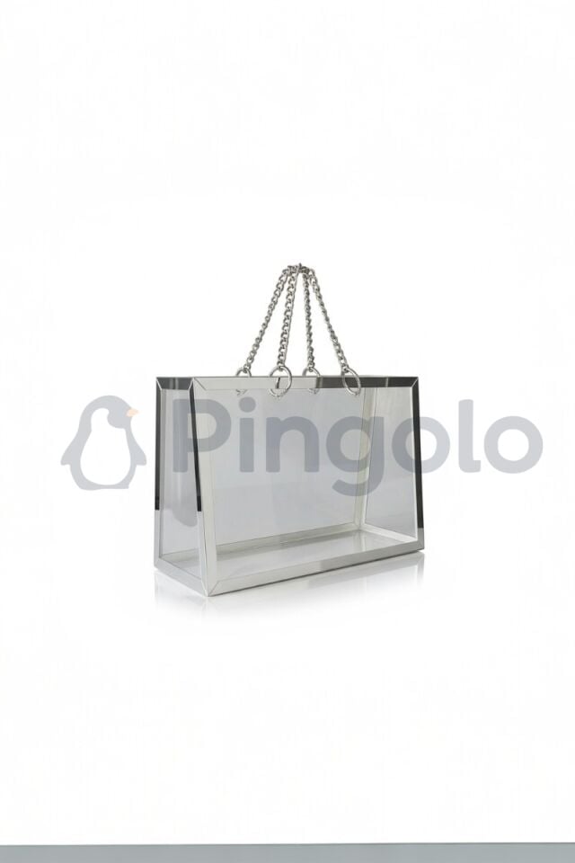 Şeffaf Pleksi Çanta Dekoratif Gümüş Zincirli Gümüş Çerçeveli