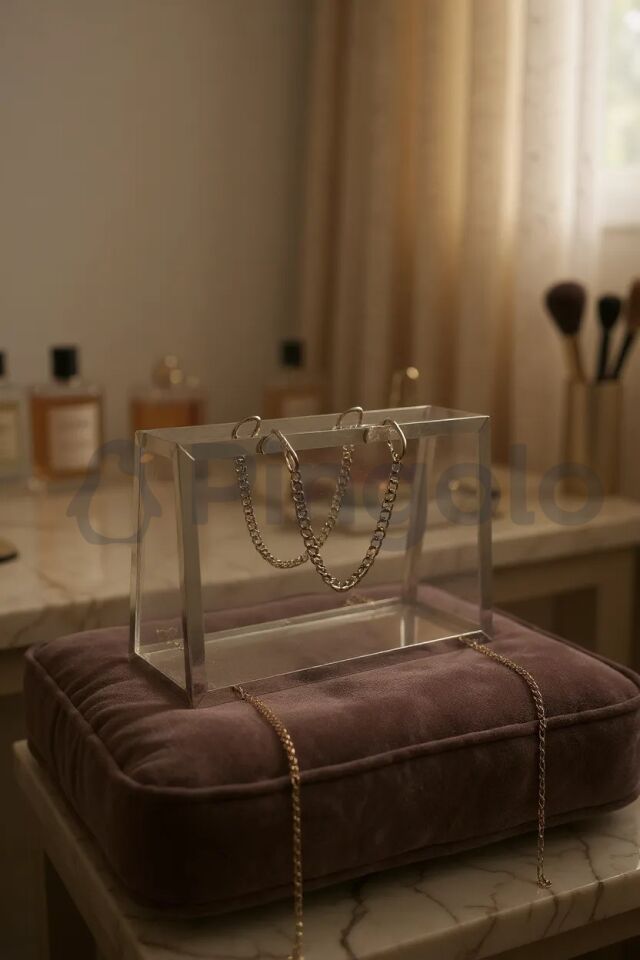 Şeffaf Pleksi Çanta Dekoratif Gümüş Zincirli Gümüş Çerçeveli