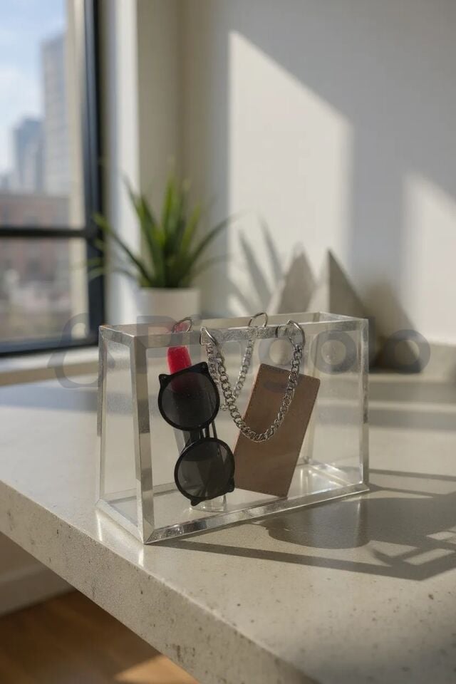 Şeffaf Pleksi Çanta Dekoratif Gümüş Zincirli Gümüş Çerçeveli