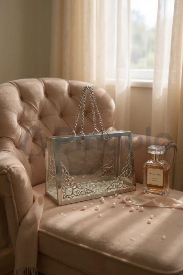 Şeffaf Pleksi Çanta Dekoratif Gümüş Zincirli Gümüş İşlemeli