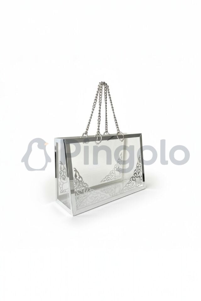 Şeffaf Pleksi Çanta Dekoratif Gümüş Zincirli Gümüş İşlemeli