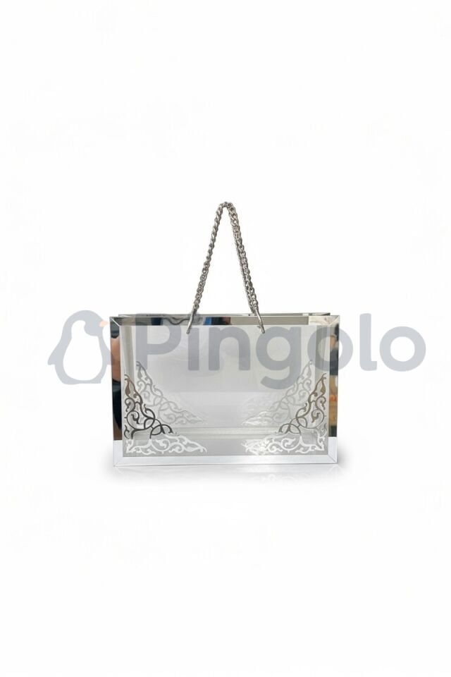 Şeffaf Pleksi Çanta Dekoratif Gümüş Zincirli Gümüş İşlemeli