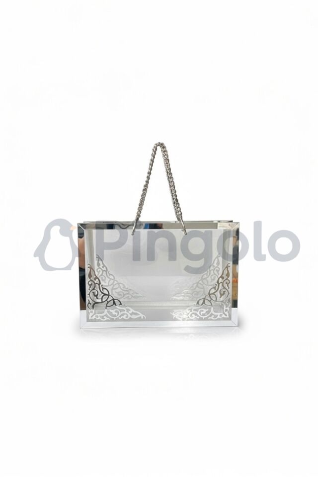 Şeffaf Pleksi Çanta Dekoratif Gümüş Zincirli Gümüş İşlemeli