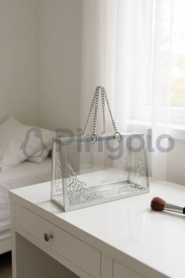 Şeffaf Pleksi Çanta Dekoratif Gümüş Zincirli Gümüş İşlemeli