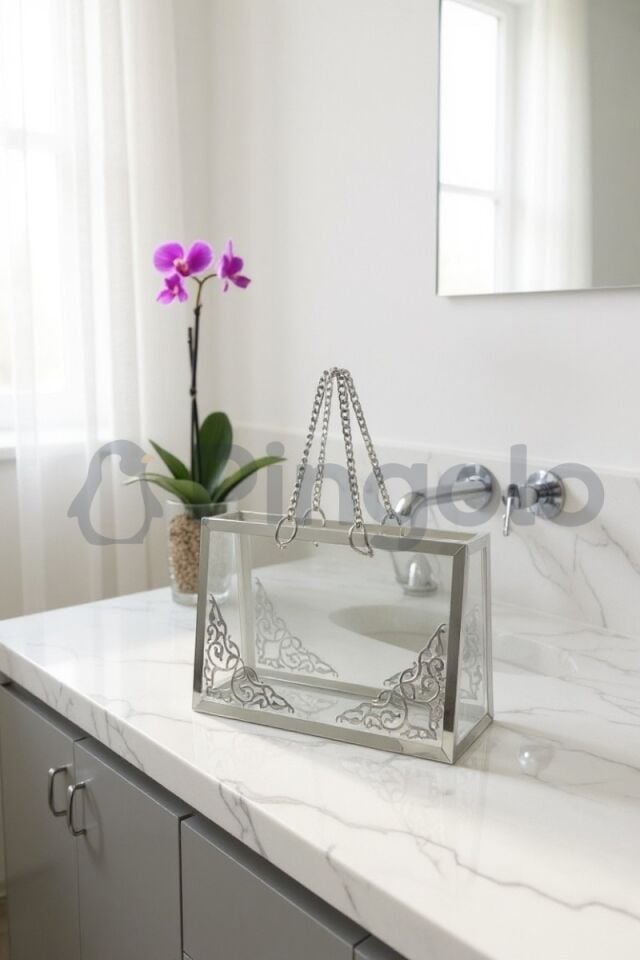 Şeffaf Pleksi Çanta Dekoratif Gümüş Zincirli Gümüş İşlemeli