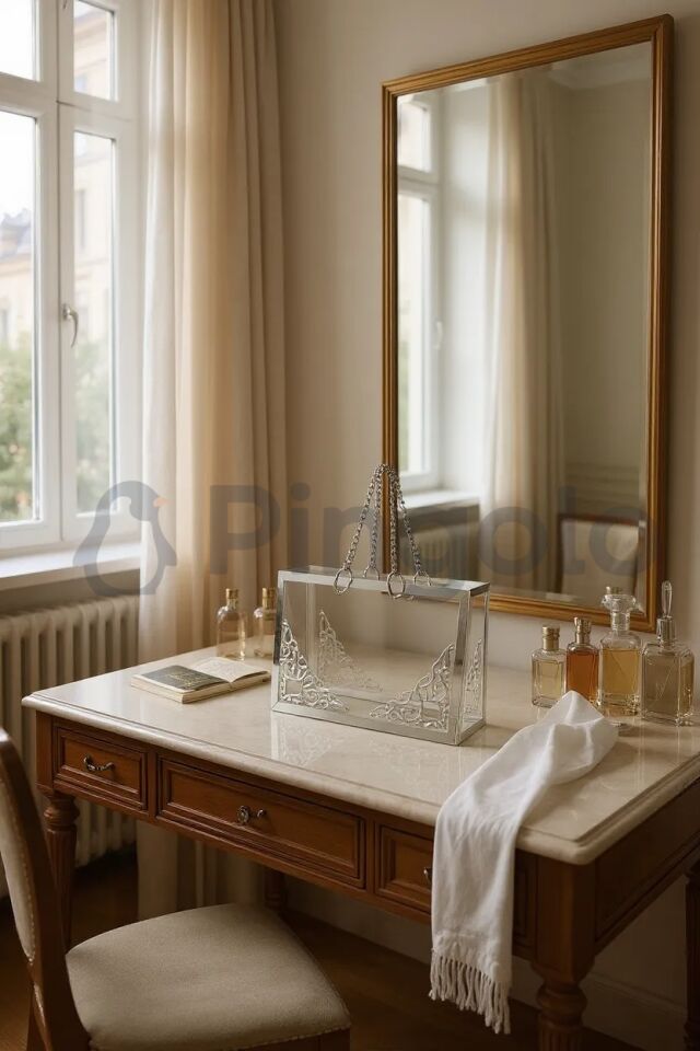 Şeffaf Pleksi Çanta Dekoratif Gümüş Zincirli Gümüş İşlemeli