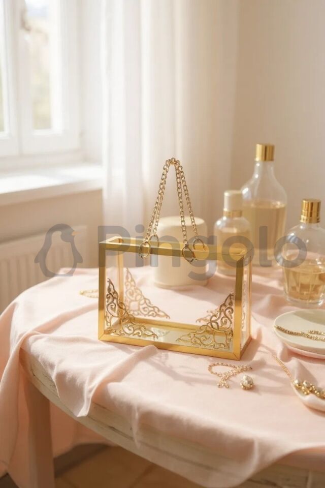 Şeffaf Pleksi Çanta Dekoratif Gold Zincirli Gold İşlemeli