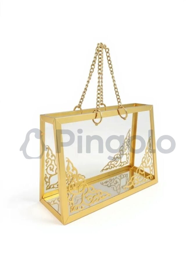 Şeffaf Pleksi Çanta Dekoratif Gold Zincirli Gold İşlemeli