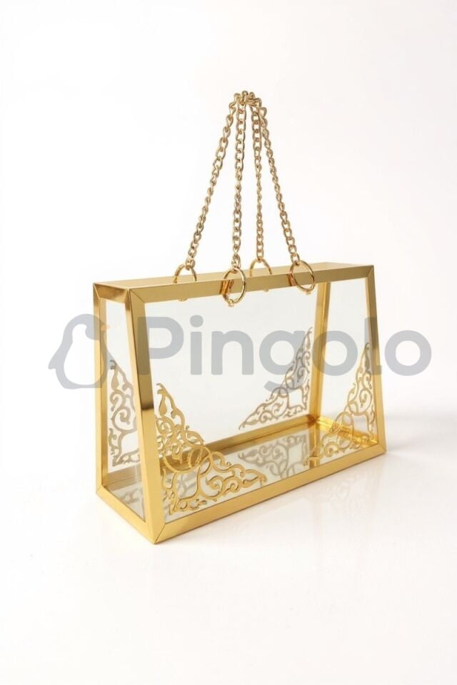 Şeffaf Pleksi Çanta Dekoratif Gold Zincirli Gold İşlemeli