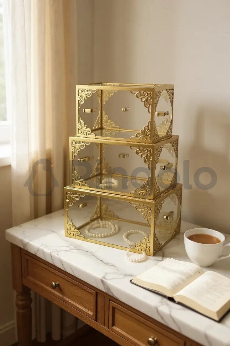 3'Lü Şeffaf Gold İşlemeli Pleksi Bohça Sandığı | Çeyiz, Takı ve Hediye Kutusu