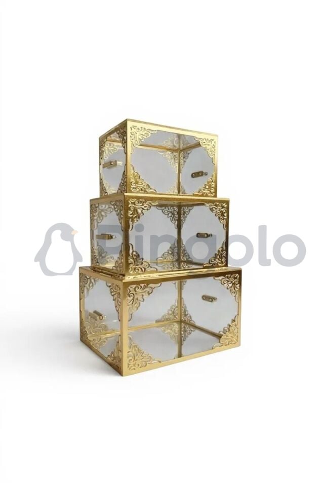 3'Lü Şeffaf Gold İşlemeli Pleksi Bohça Sandığı | Çeyiz, Takı ve Hediye Kutusu