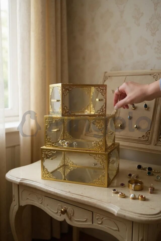 3'Lü Şeffaf Gold İşlemeli Pleksi Bohça Sandığı | Çeyiz, Takı ve Hediye Kutusu