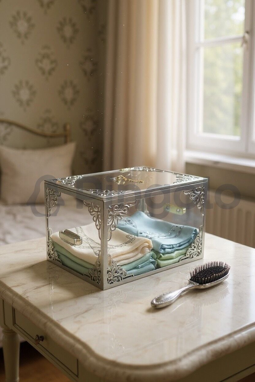 Şeffaf Kutu Gümüş İşlemeli Pleksi Büyük Boy Bohça Kutusu