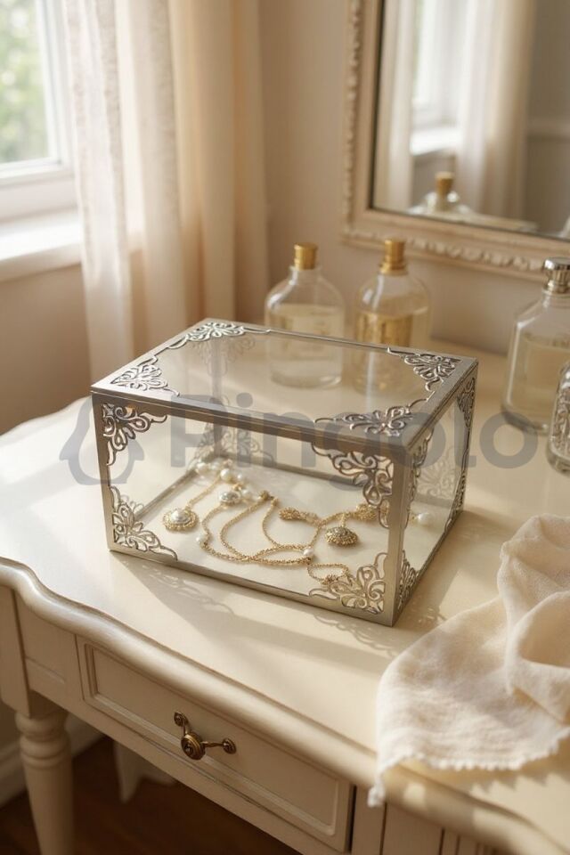 Şeffaf Gümüş İşlemeli Pleksi Büyük Boy Bohça Kutusu