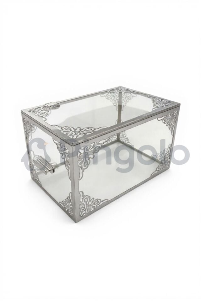 Şeffaf Gümüş İşlemeli Pleksi Büyük Boy Bohça Kutusu