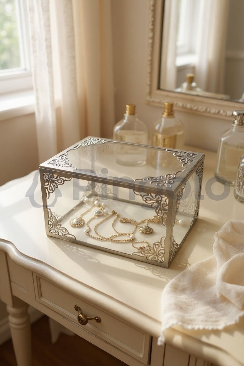 Şeffaf Kutu Gümüş İşlemeli Pleksi Orta Boy Bohça Kutusu