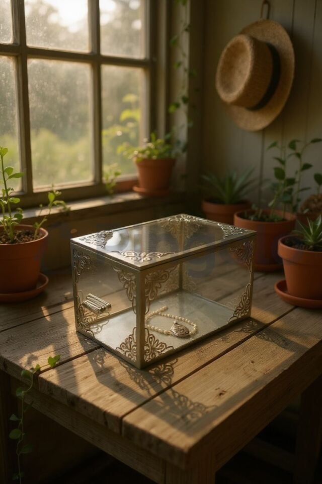 Şeffaf Gümüş İşlemeli Pleksi Orta Boy Bohça Kutusu