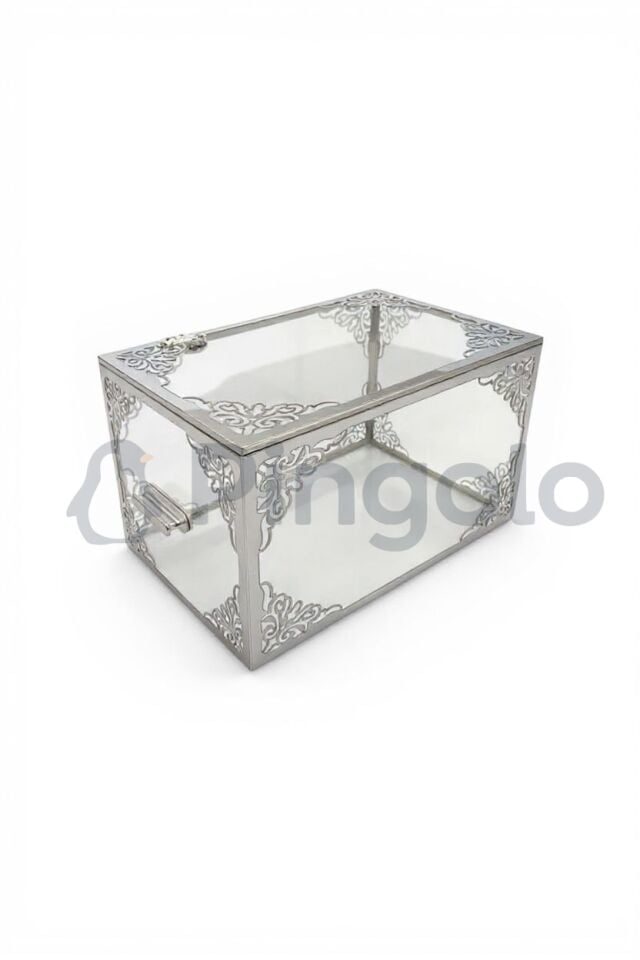 Şeffaf Gümüş İşlemeli Pleksi Orta Boy Bohça Kutusu