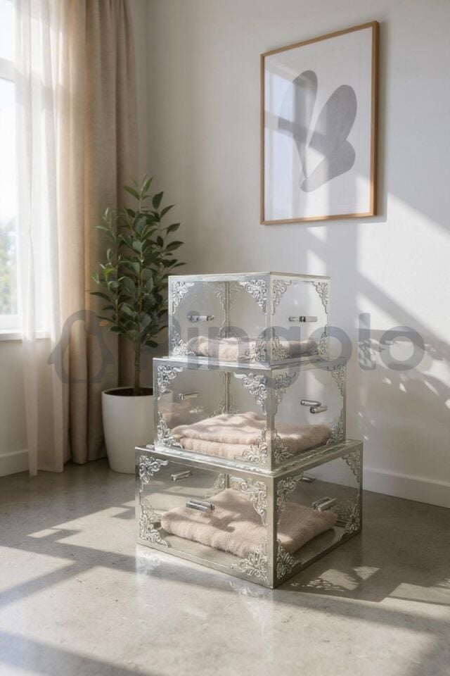 3'Lü Şeffaf Gümüş İşlemeli Pleksi Bohça Sandığı | Çeyiz, Takı ve Hediye Kutusu