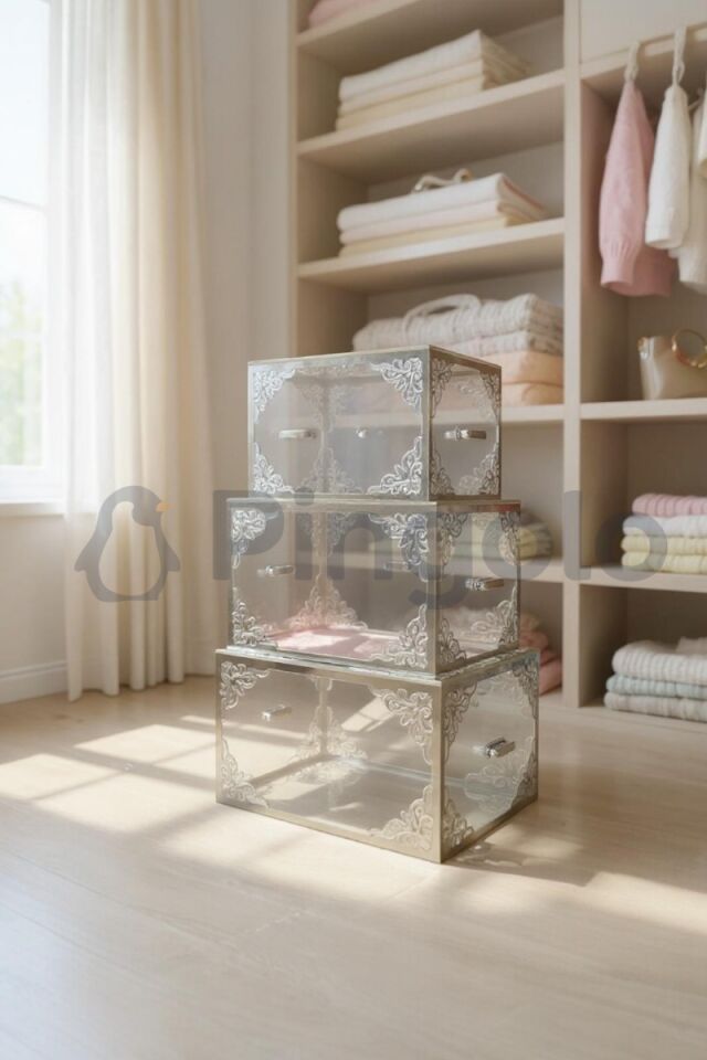 3'Lü Şeffaf Kutu Gümüş İşlemeli Pleksi Bohça Sandığı | Çeyiz, Takı ve Hediye Kutusu