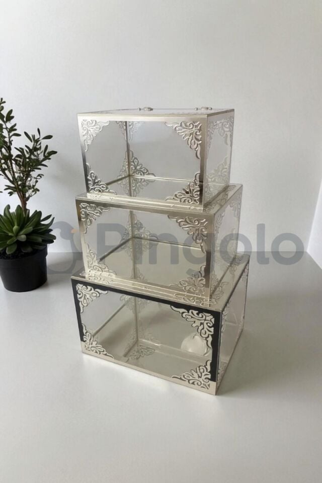 3'Lü Şeffaf Kutu Gümüş İşlemeli Pleksi Bohça Sandığı | Çeyiz, Takı ve Hediye Kutusu