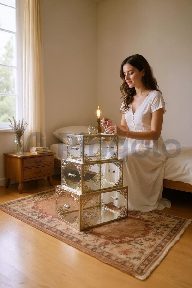 3'Lü Şeffaf Kutu Gümüş İşlemeli Pleksi Bohça Sandığı | Çeyiz, Takı ve Hediye Kutusu