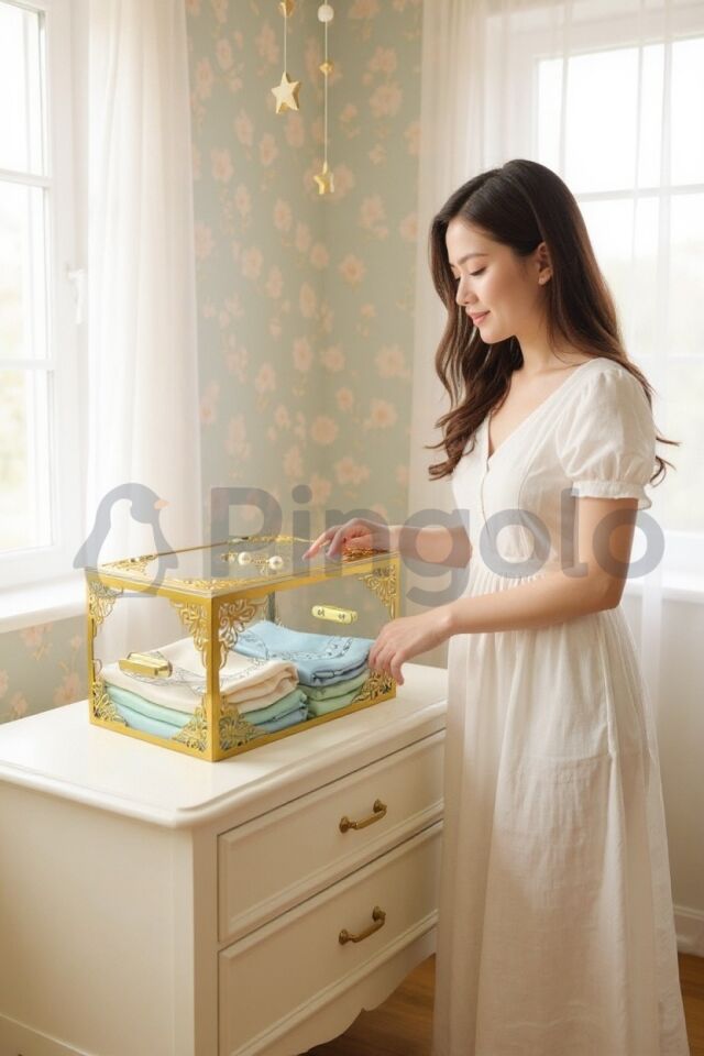 Şeffaf Kutu Gold İşlemeli Büyük Boy Pleksi Bohça Sandığı | Çeyiz, Takı ve Hediye Kutusu