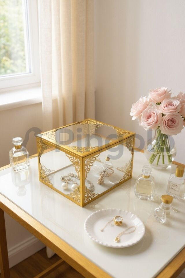 Şeffaf Gold İşlemeli Orta Boy Pleksi Bohça Sandığı | Çeyiz, Takı ve Hediye Kutusu